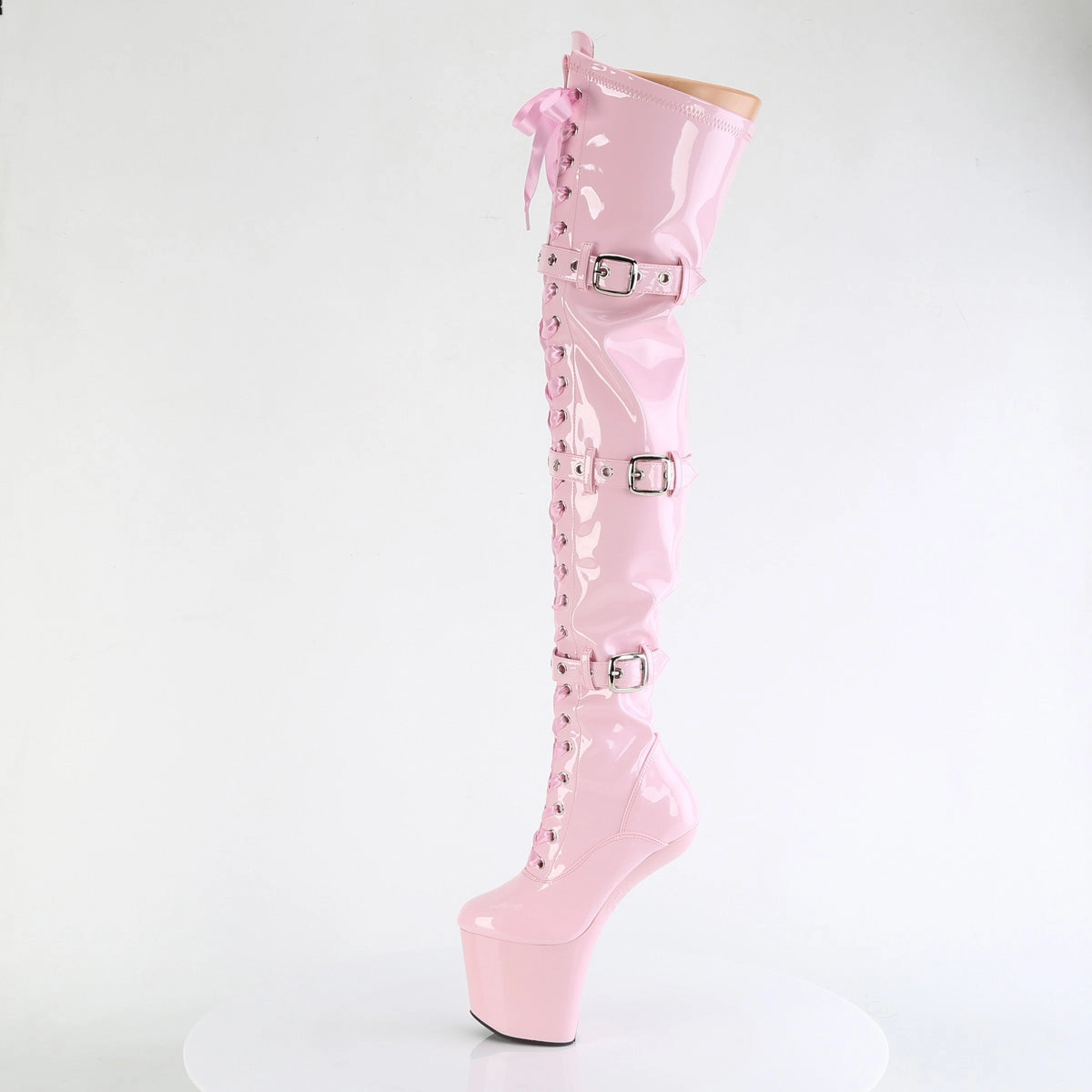8 Inch Heelless CRAZE-3028 Baby Pink Stretch Patent Trish Chelsea Boots