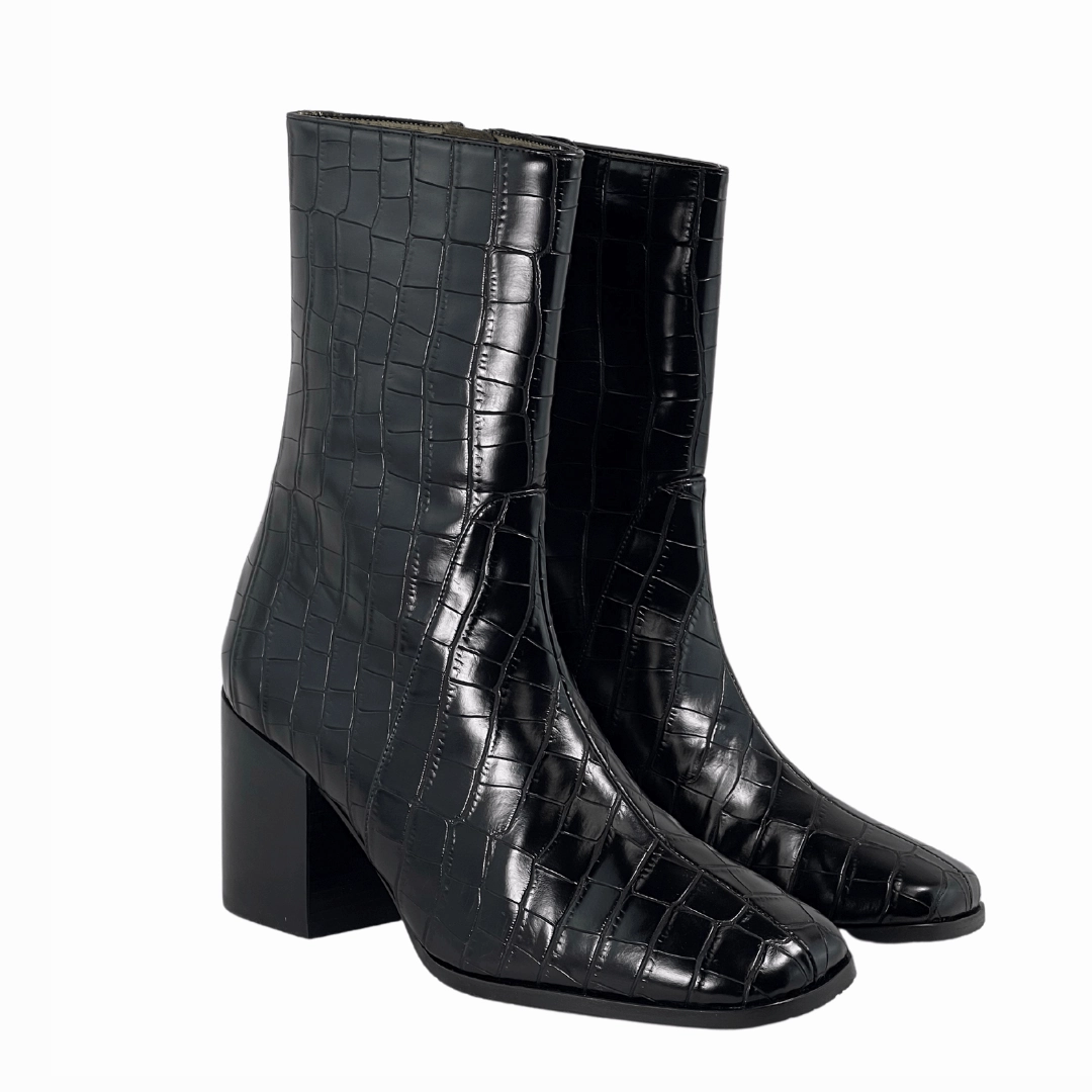 'Menos' vegan mid-calf boot by Zette Shoes - black faux-croc Best Comfortable Ankle Boots For Work