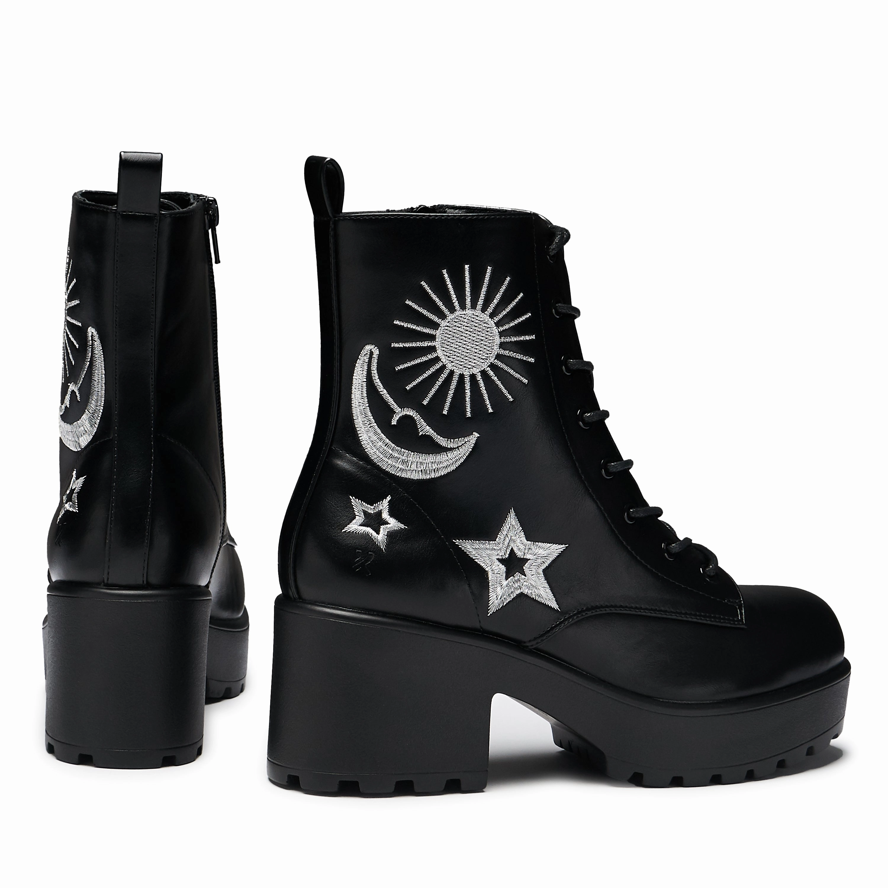 Pin Up Mary Jane Shoes Astro Silver Star & Moon Chunky Boots