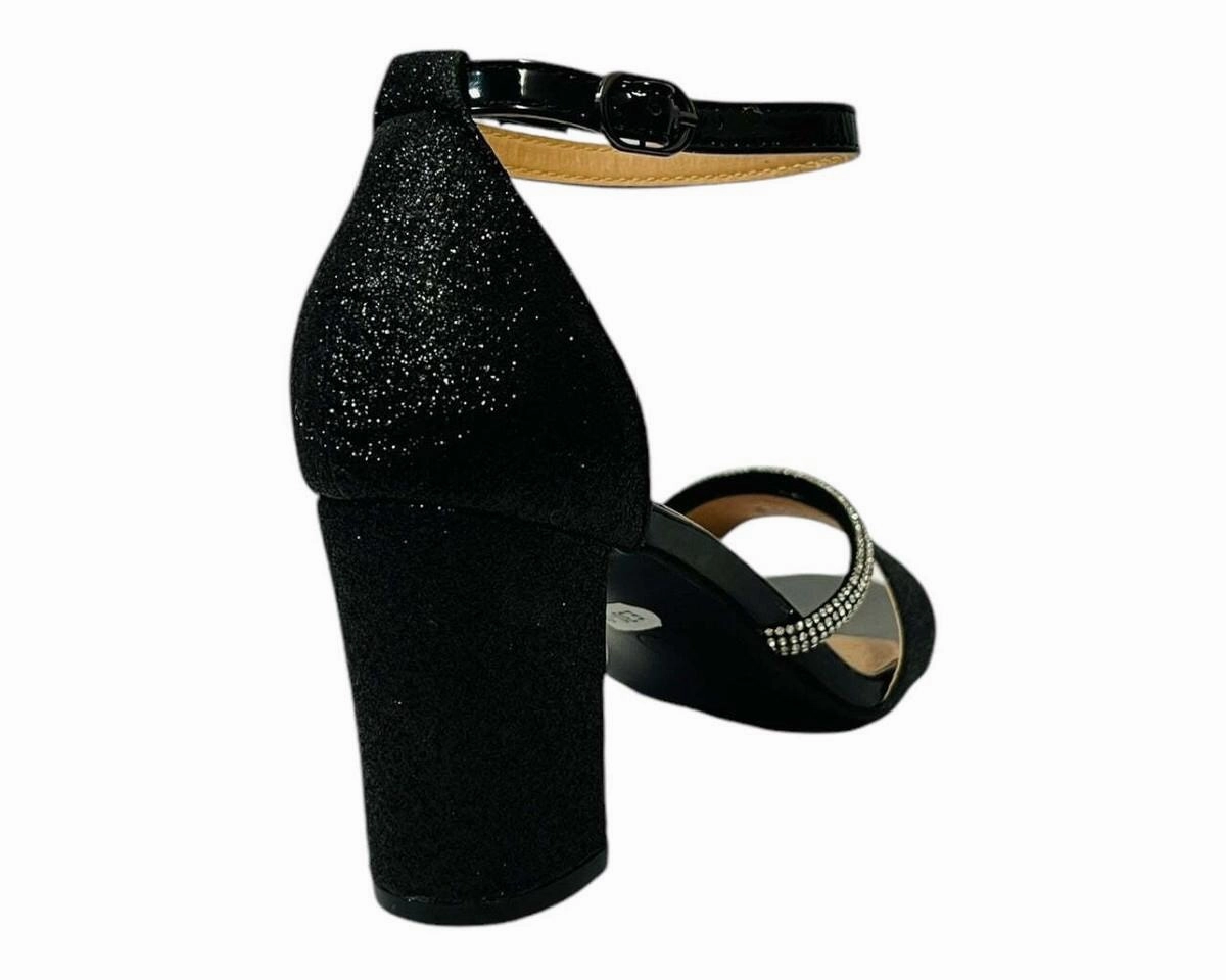 BLACK GLITTER BLOCK HEEL DIAMANTE DETAIL PARTY SANDALS High Heel Drag Race