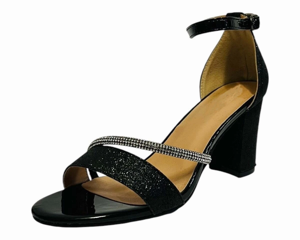 High Knee Heeled Boots BLACK GLITTER BLOCK HEEL DIAMANTE DETAIL PARTY SANDALS