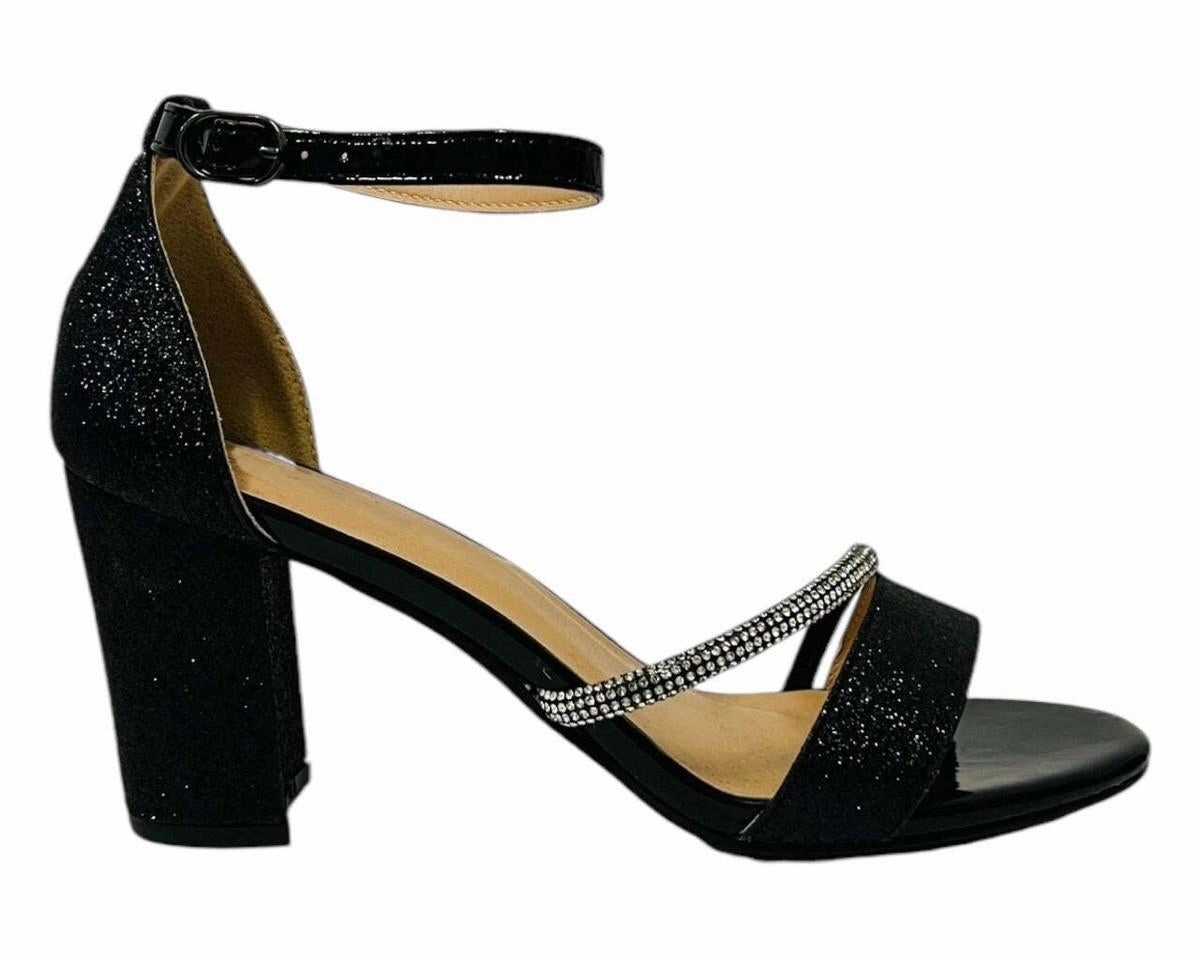 High Heel Open Toe BLACK GLITTER BLOCK HEEL DIAMANTE DETAIL PARTY SANDALS