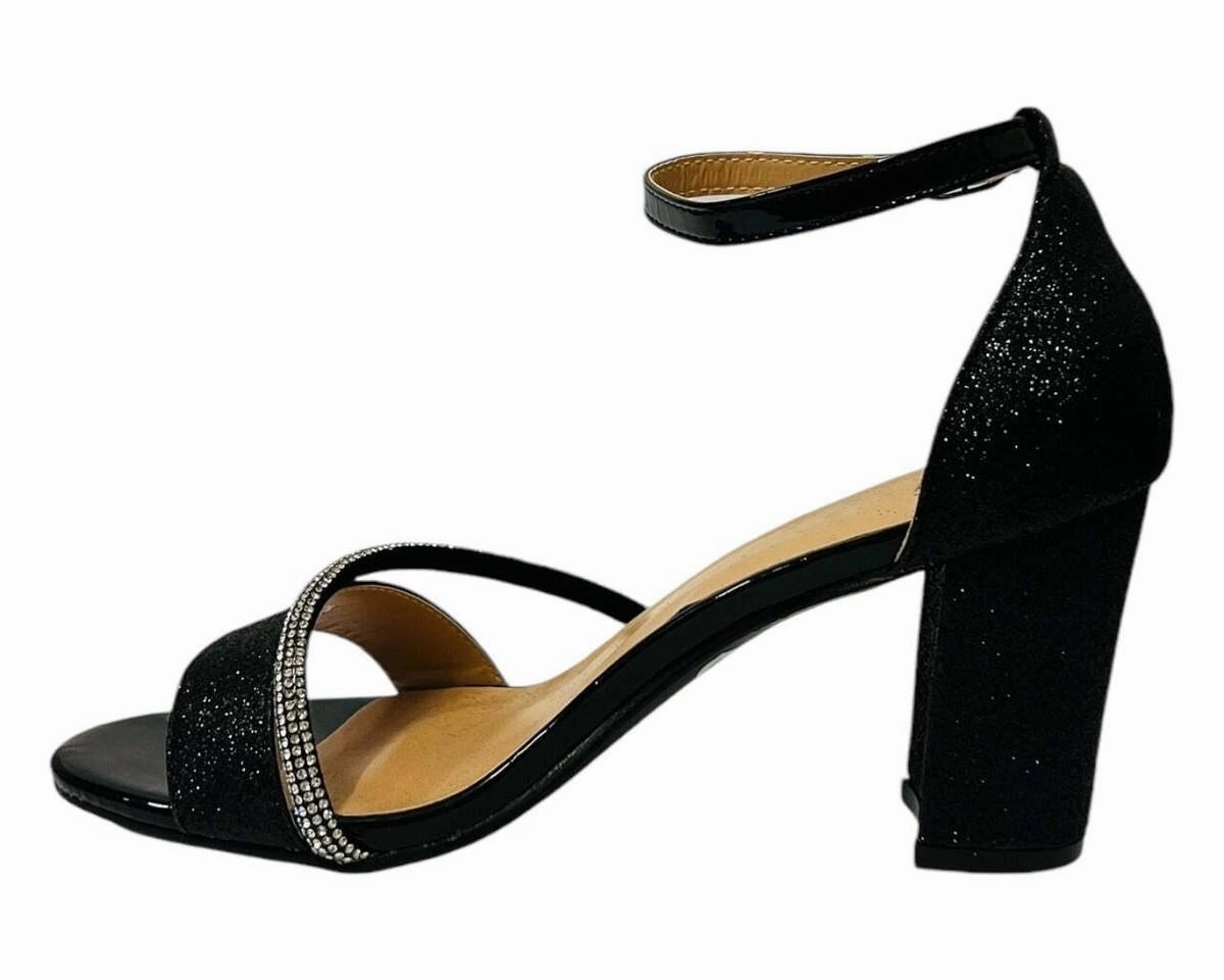 Shoes With High Heel Drop BLACK GLITTER BLOCK HEEL DIAMANTE DETAIL PARTY SANDALS