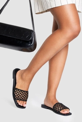 Black Mesh Detailed Strap Flat Sandals (PACK B) Lands End Flat Shoes