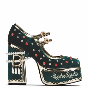 Boleyns Revenge Bejewelled Velvet Heels - Green Bethan Arc Crazy Horse Platform Mary Jane Shoes