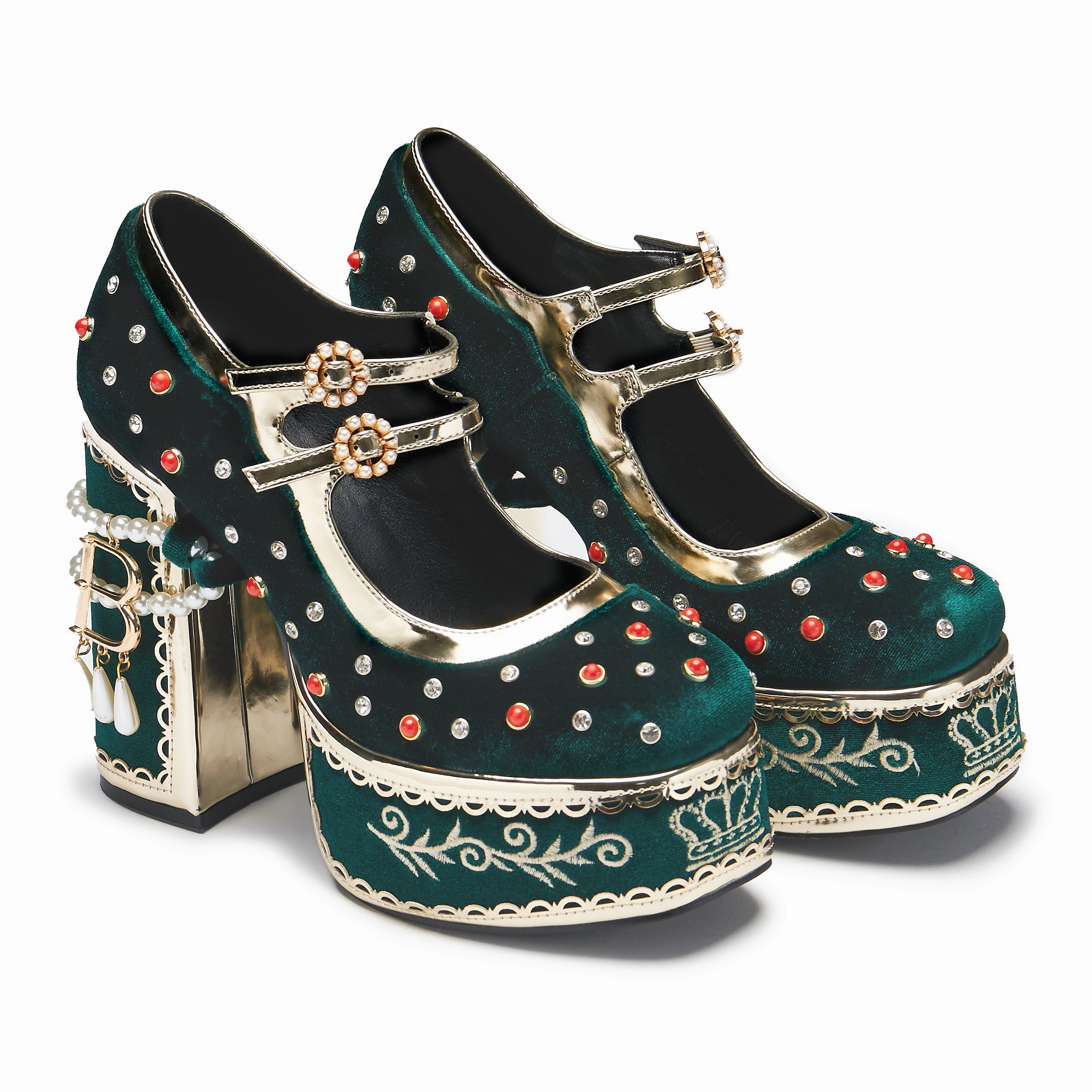 Early Days Mary Jane Shoes Boleyns Revenge Bejewelled Velvet Heels - Green