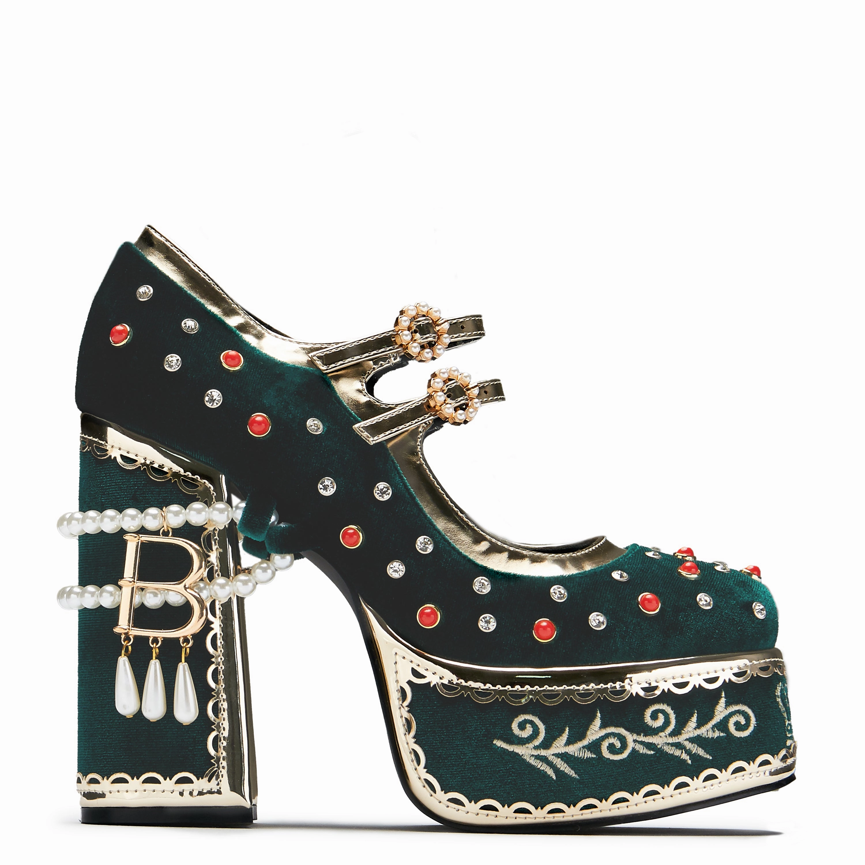 Boleyns Revenge Bejewelled Velvet Heels - Green Oxford Mary Jane Shoes