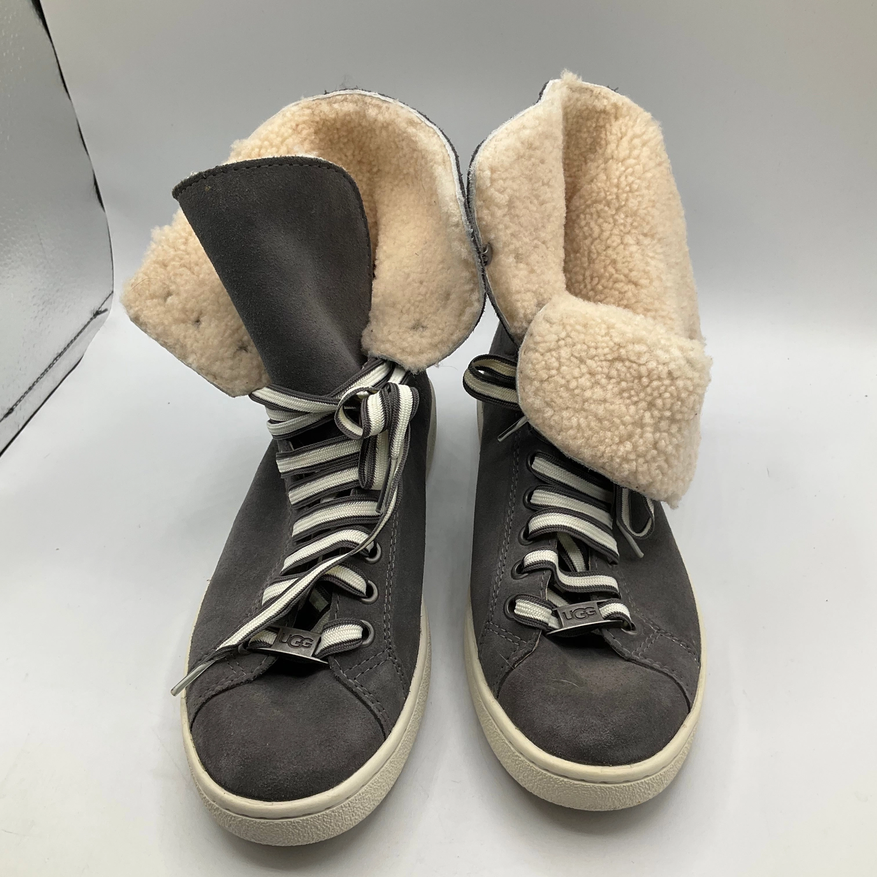 Suede Lace Up Ankle Boots Boots Ankle Flats By Ugg In Grey, Size: 8