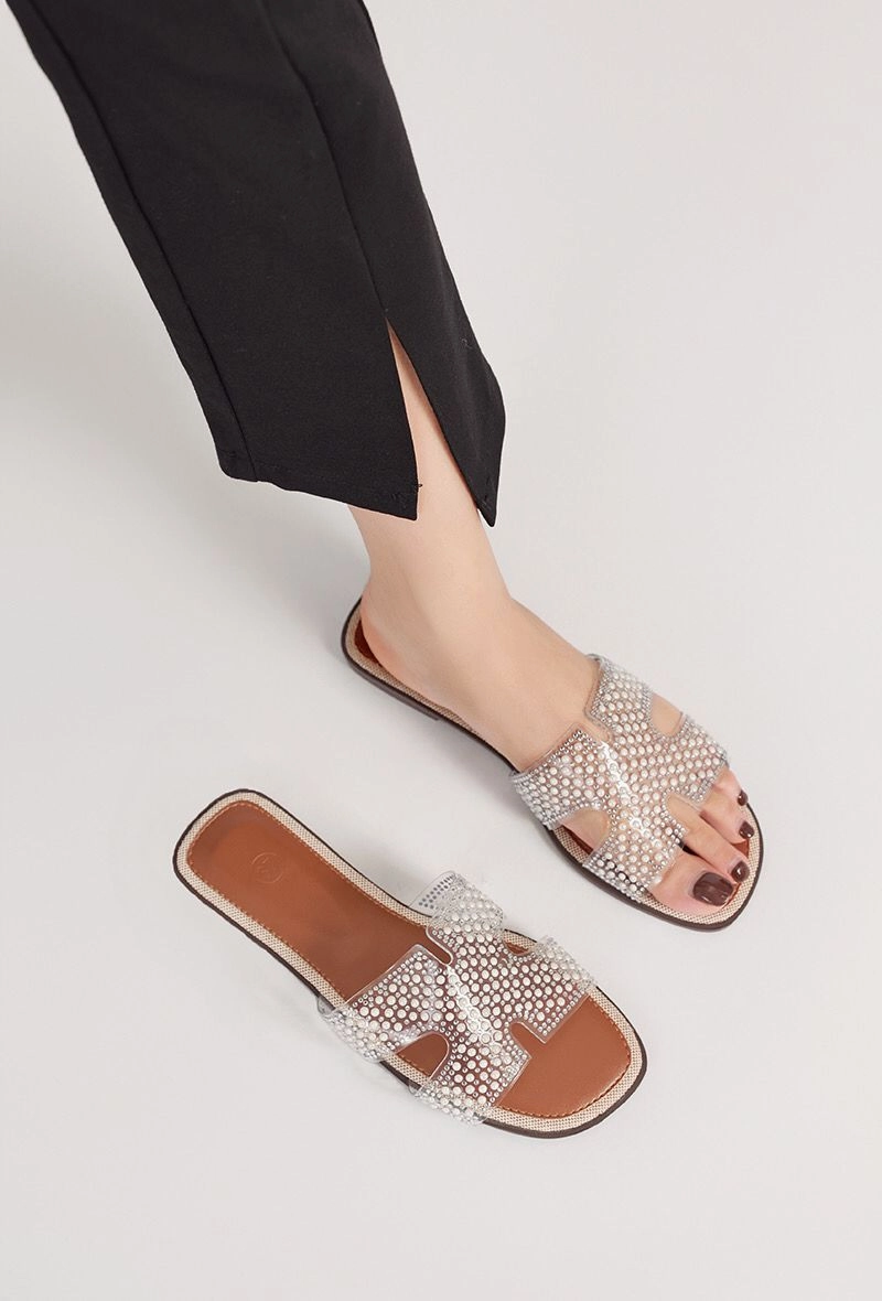 CAMEL FLAT CLEAR STRAP BEADED DECOR SLIDER SANDALS MULES Best Ladies Shoes For Flat Feet