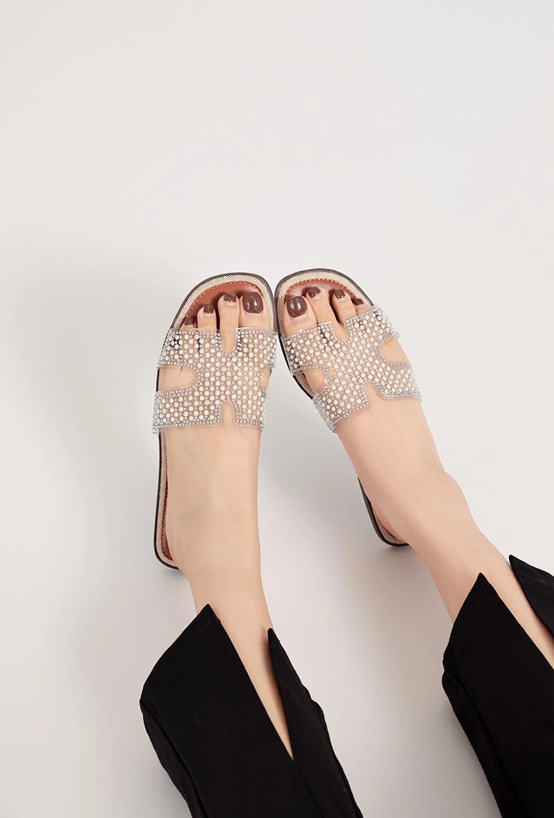 Shoes Ballerina Flats CAMEL FLAT CLEAR STRAP BEADED DECOR SLIDER SANDALS MULES