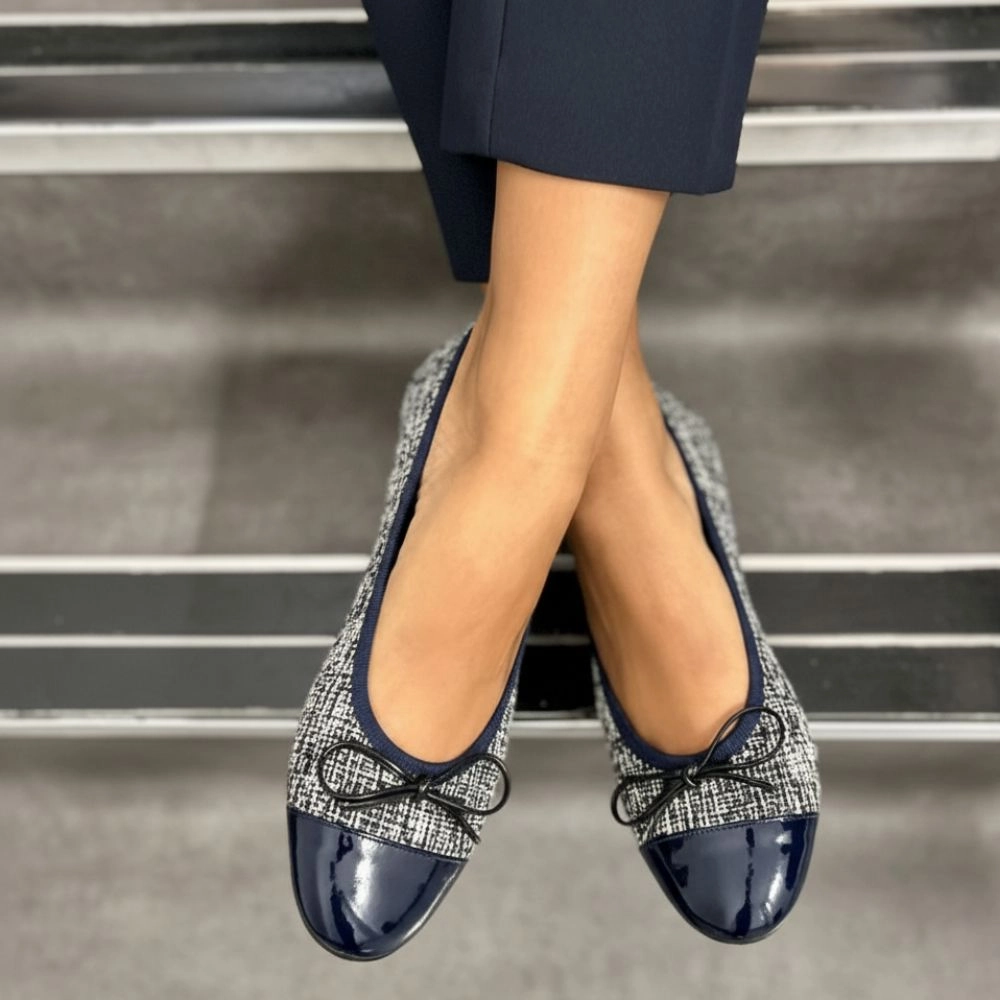 Corrine Extra-Wide Fit Flats - Navy Tweed Abella Shoes Flats