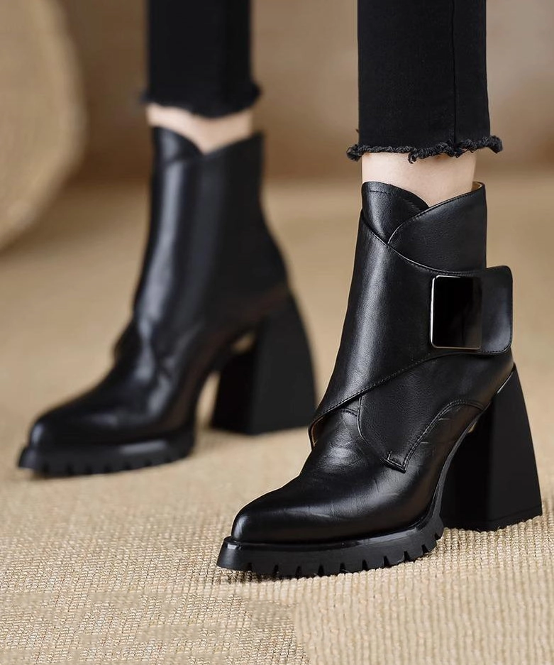 Classy Black Splicing Chunky Heel Ankle Boots TE016 Perry Ankle Boots