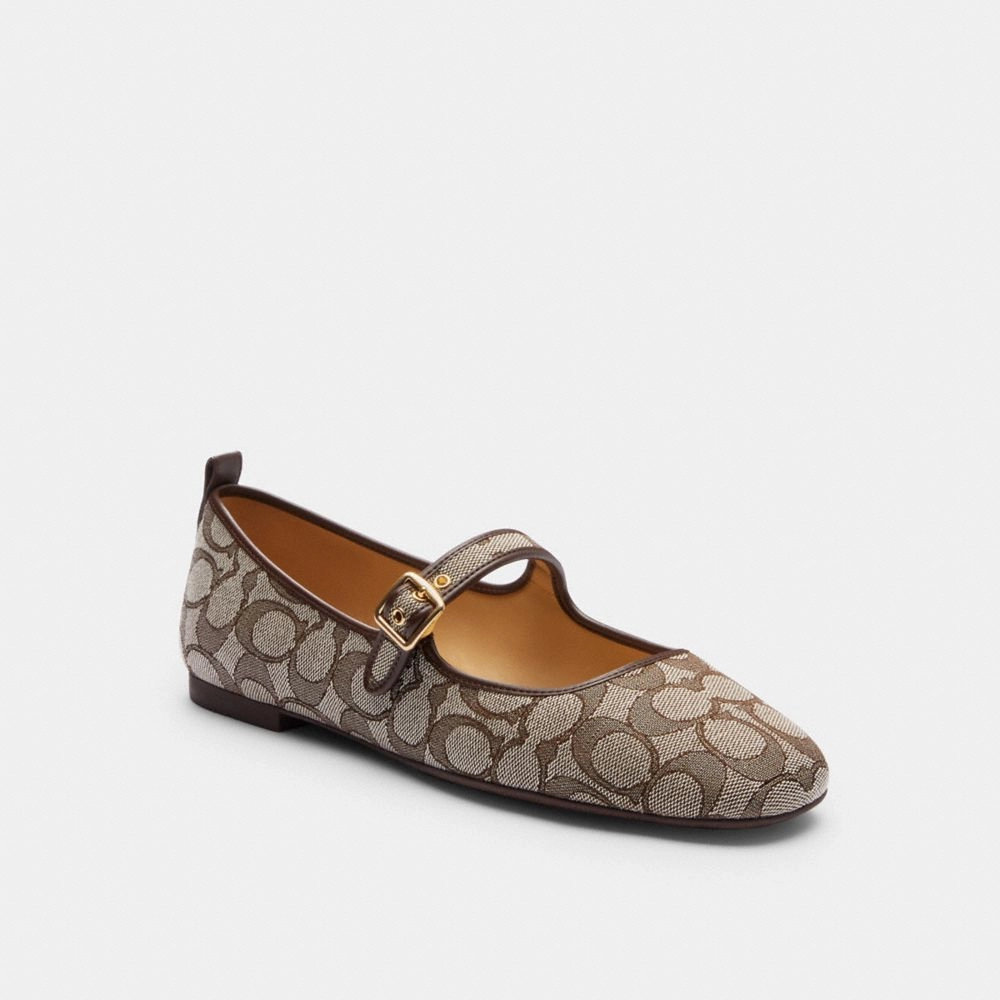 Peep Toe Mary Jane Heel Shoes Coach C Rivet Mary Jane In Signature Jacquard Oak Maple