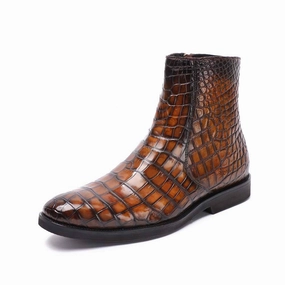 Crocodile Shoes Men's Crocodile Leather Side Zipper Chelsea Boots Chelsea Boots Wood Sole