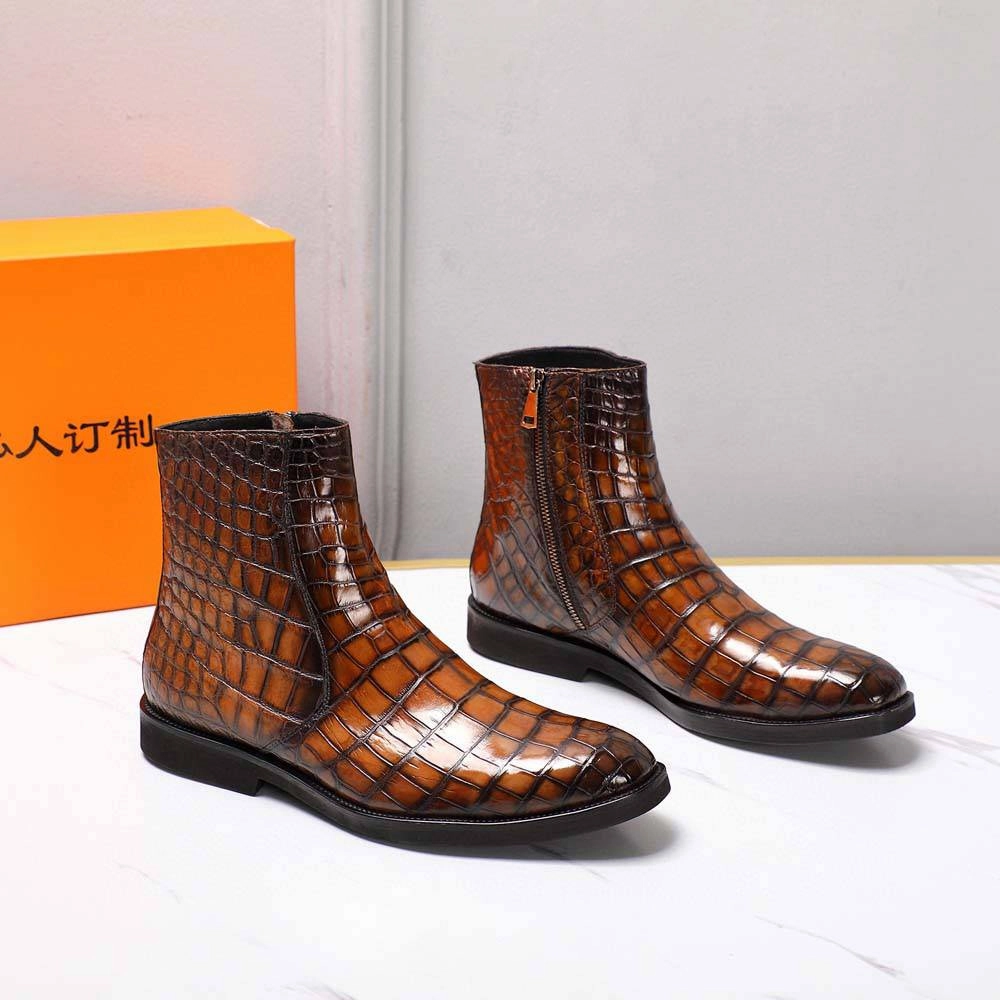 Crocodile Shoes Men's Crocodile Leather Side Zipper Chelsea Boots August Chelsea Boots