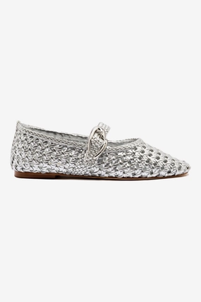 Verona Macrame Ballet Flat In SIlver Metallic Leather Softwalk Mary Jane Shoes In X Wide