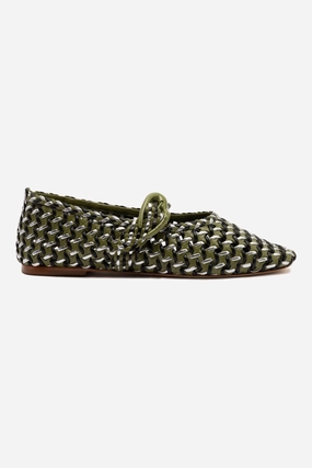 Chunky Mary Jane School Shoes Verona Macrame Ballet Flat In Seaweed, Black and Silver Metallic Leather