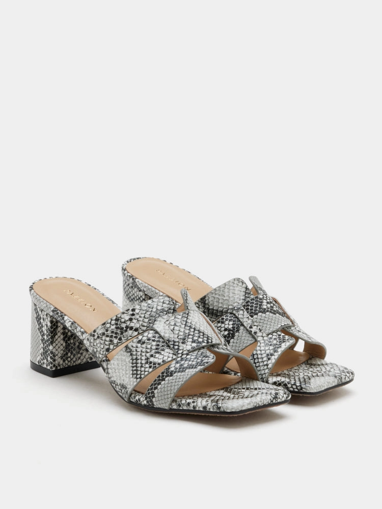 Heel Mule Slippers Elmira Python-Print Embossed Leather Sandal Heels