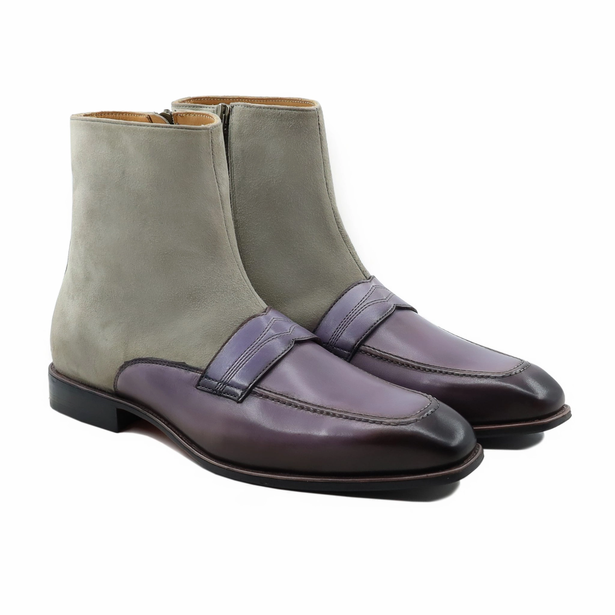 Chelsea Boots Online Kansas - Men's Burnished Purple Calf Leather and Steel Grey Kid Suede Chelsea Boot