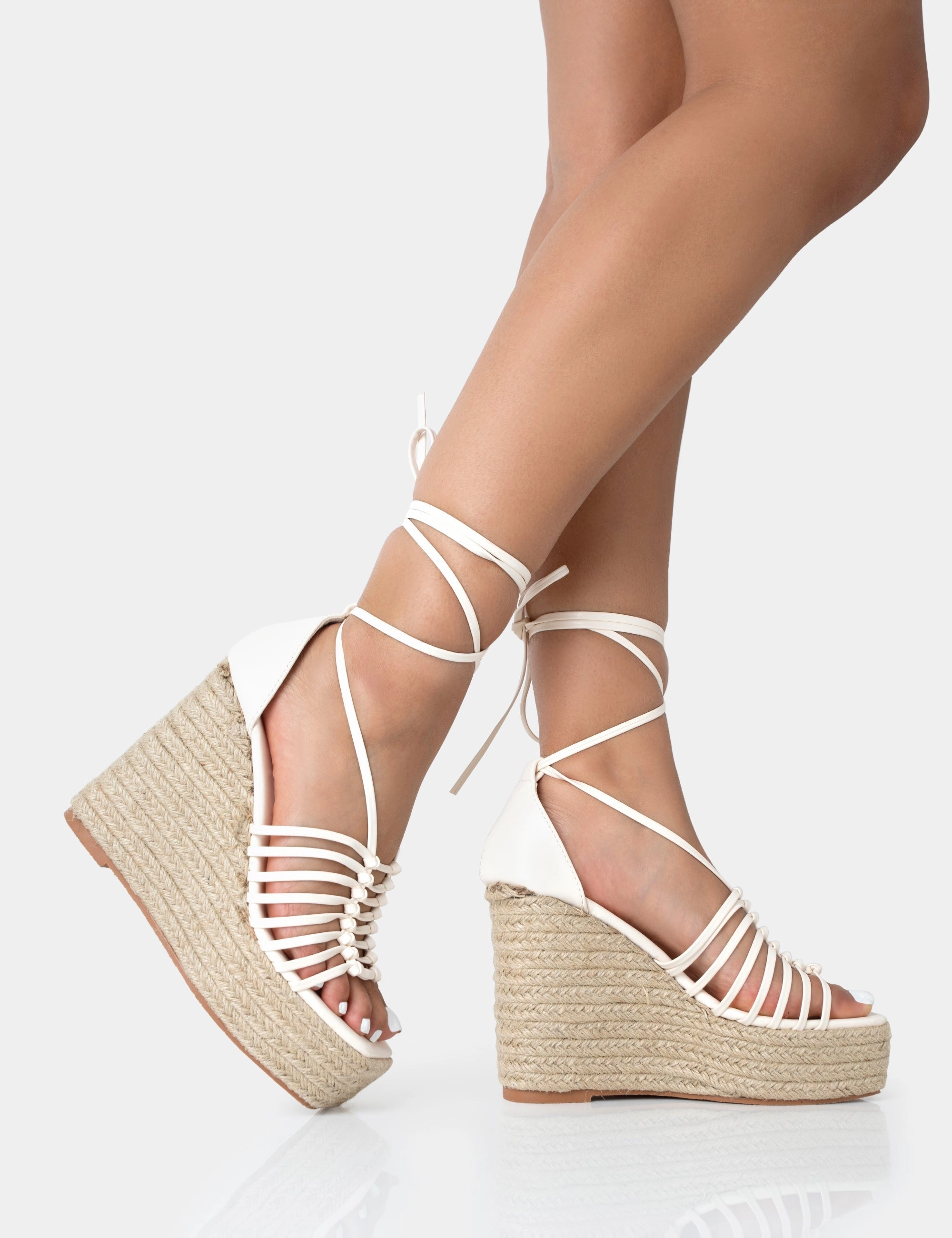 Safety Toe High Heels Reece Wide Fit Ecru Pu Knot Strap Lace Up Raffia Wedge Heels