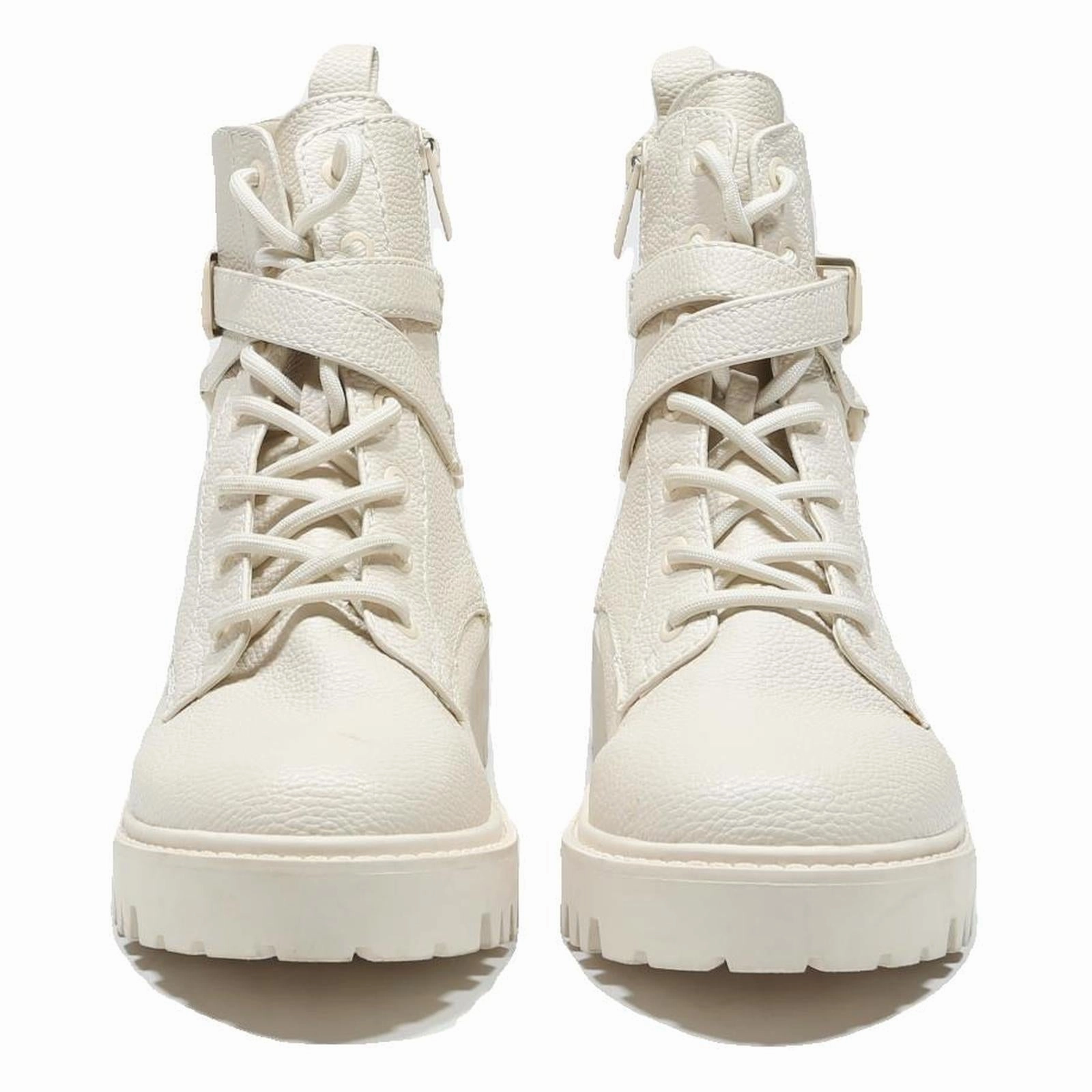 GUESS Womens Leather Lace-Up Ankle Boots Cream UK 6.5 Chunky Sole Chain Detail Ankle Boots Ladies