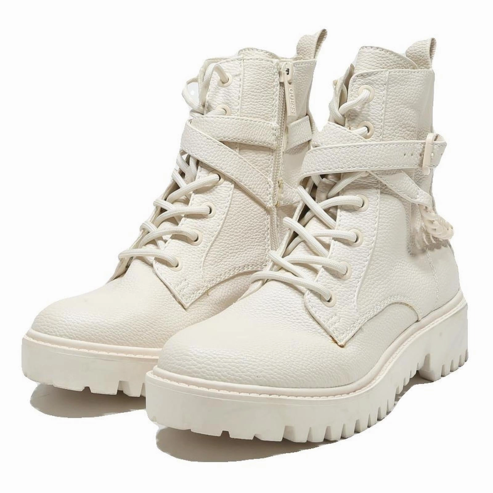 GUESS Womens Leather Lace-Up Ankle Boots Cream UK 6.5 Chunky Sole Chain Detail Ankle Cowgirl Boots