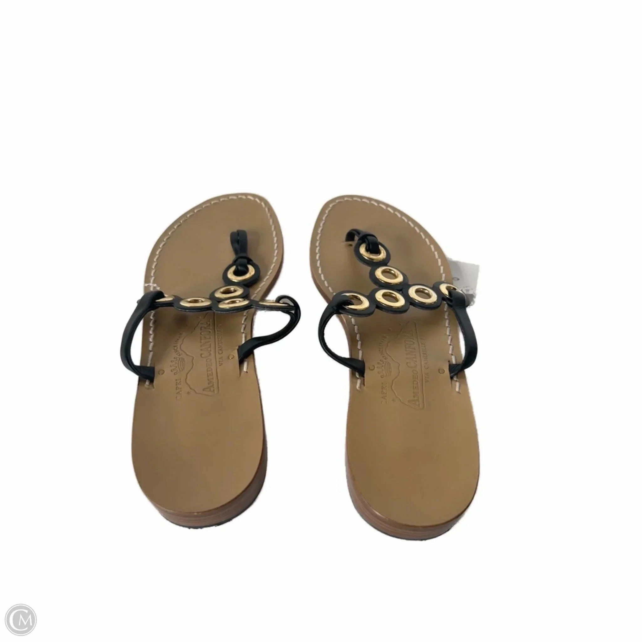 Platform Flip Flops Leather Sandals Flip Flops By Cma In Black & Gold, Size: 10