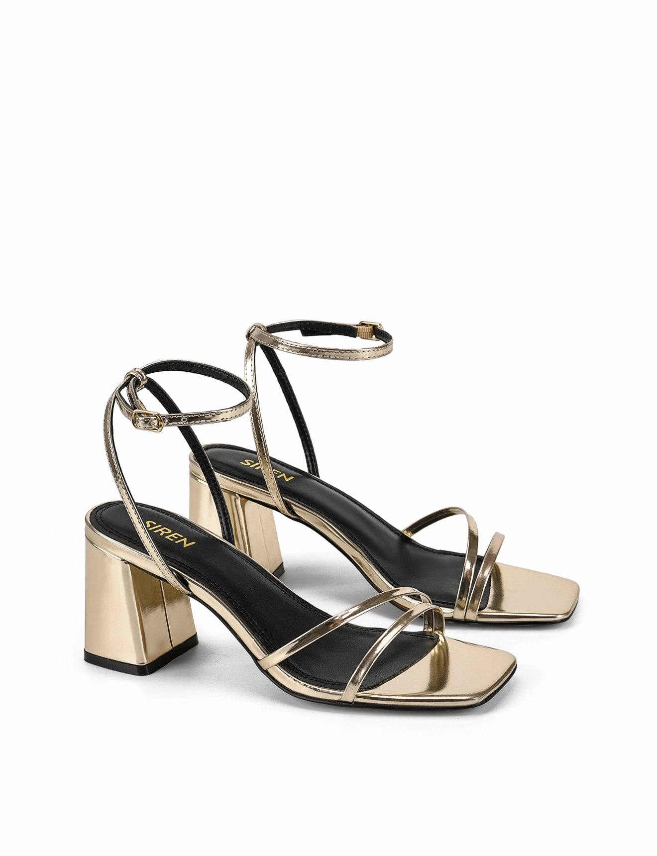 High Heels Selfie Starling Strappy Block Heels - Gold Mirror Metallic Leather