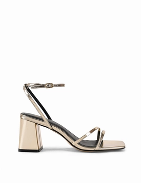 Starling Strappy Block Heels - Gold Mirror Metallic Leather Mesh High Heels