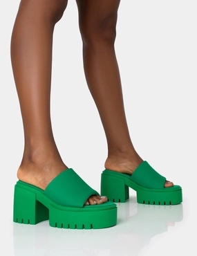 Sabeena Green Chunky Mule Round Toe Mid Heel Sandals High Heels R34