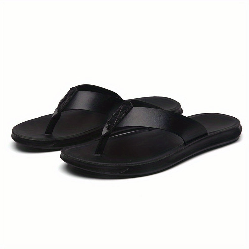Men's Solid Thong Sandals With Microfiber Leather Uppers, Casual Non Slip Flip-flops Sandal