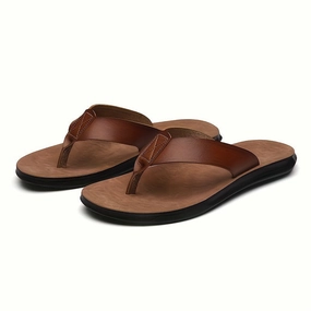 Flip Flops Waves Men's Solid Thong Sandals With Microfiber Leather Uppers, Casual Non Slip Flip-flops Sandal