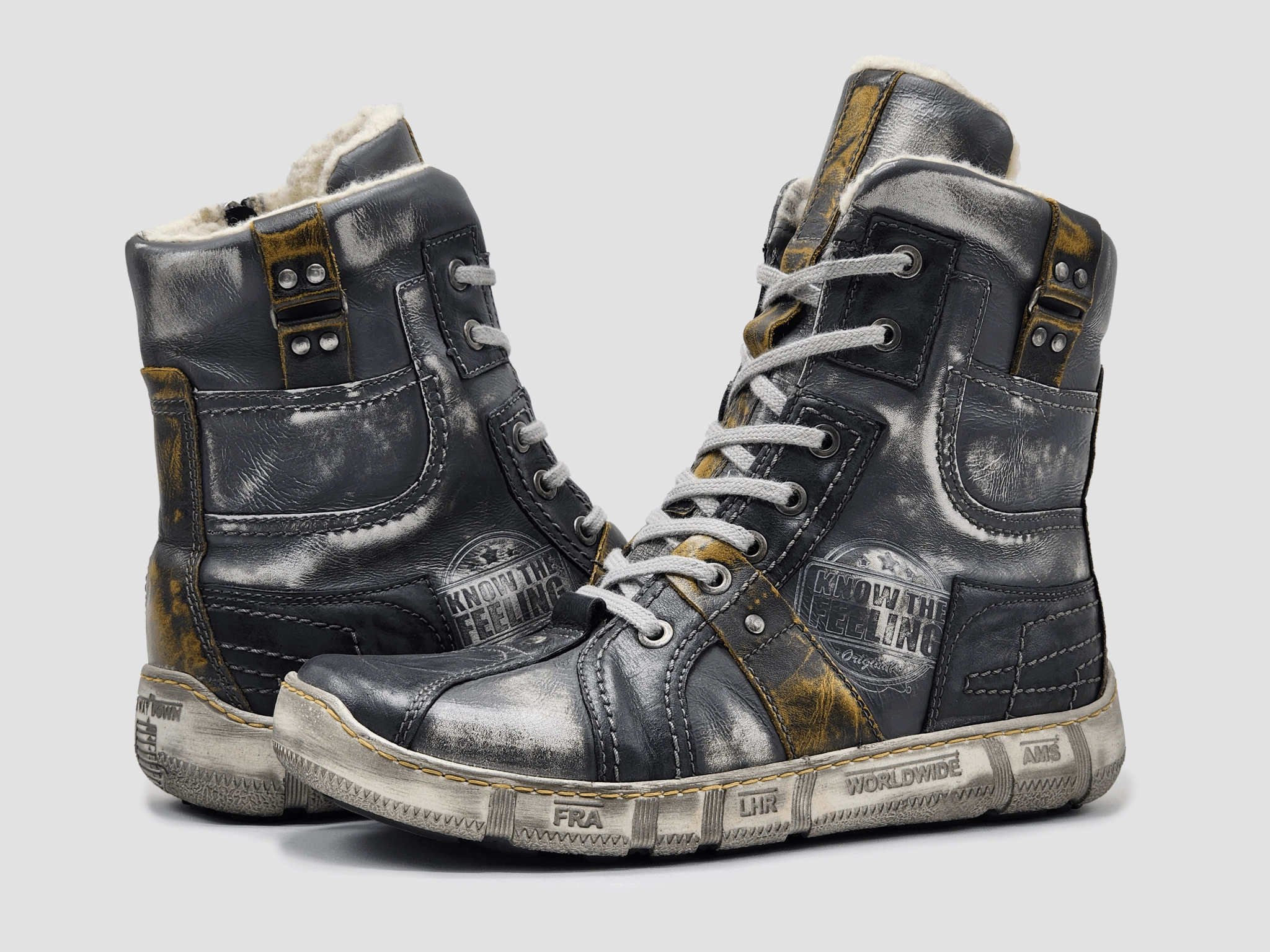 Rain Rain Boots Men's Tall Comfort Thick Wool-Lined Zip-Up Leather Boots - Grey/Yellow