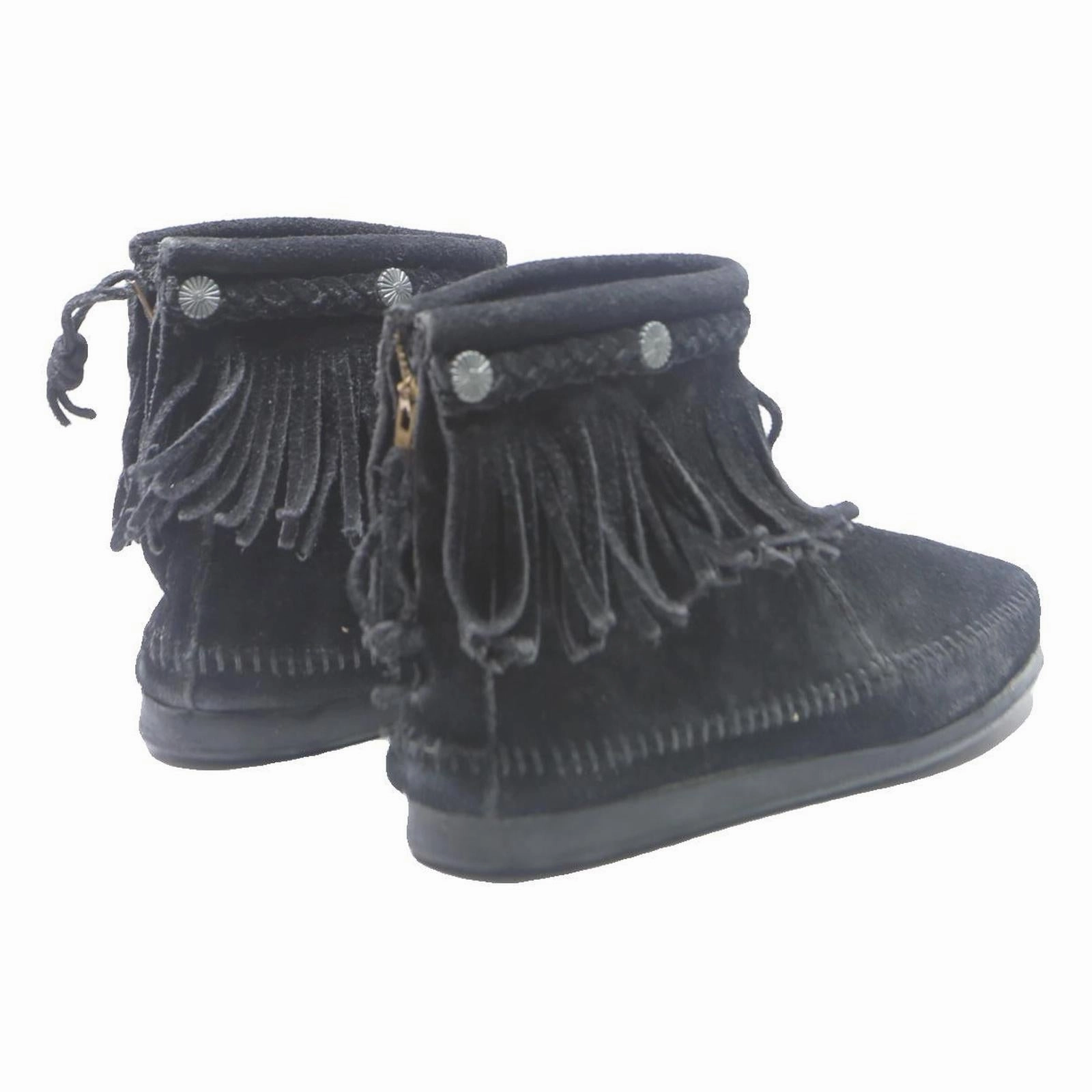 Embauchoir Chelsea Boots MINNETONKA Womens Black Leather Ankle Boots UK 5 Fringe Casual Comfortable