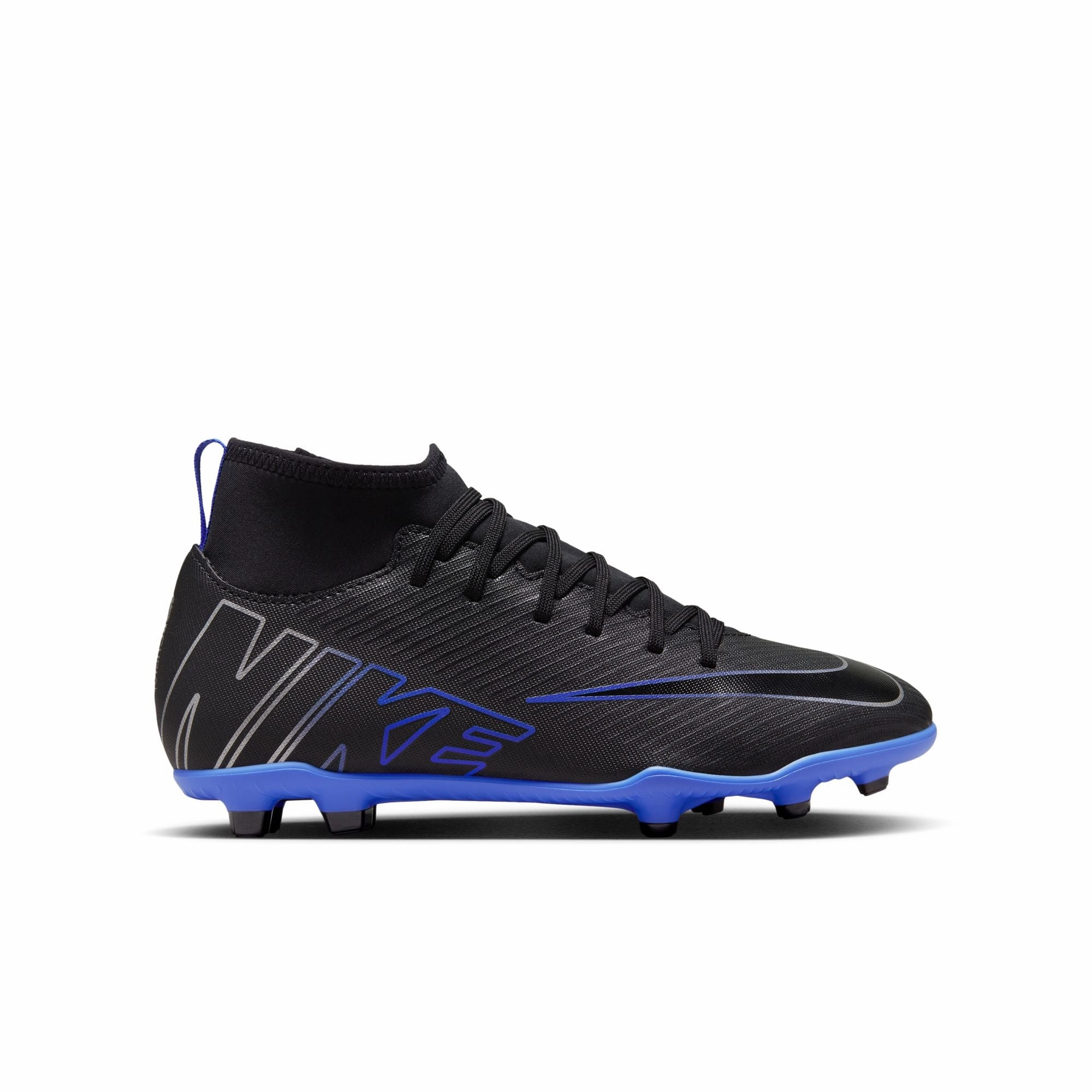 Nike Junior Zoom Mercurial Superfly 9  Club FG/MG Soccer Cleat - Black Chrome/ Royal Blue Superfly Elite Artificial-grass High-top Soccer Cleats