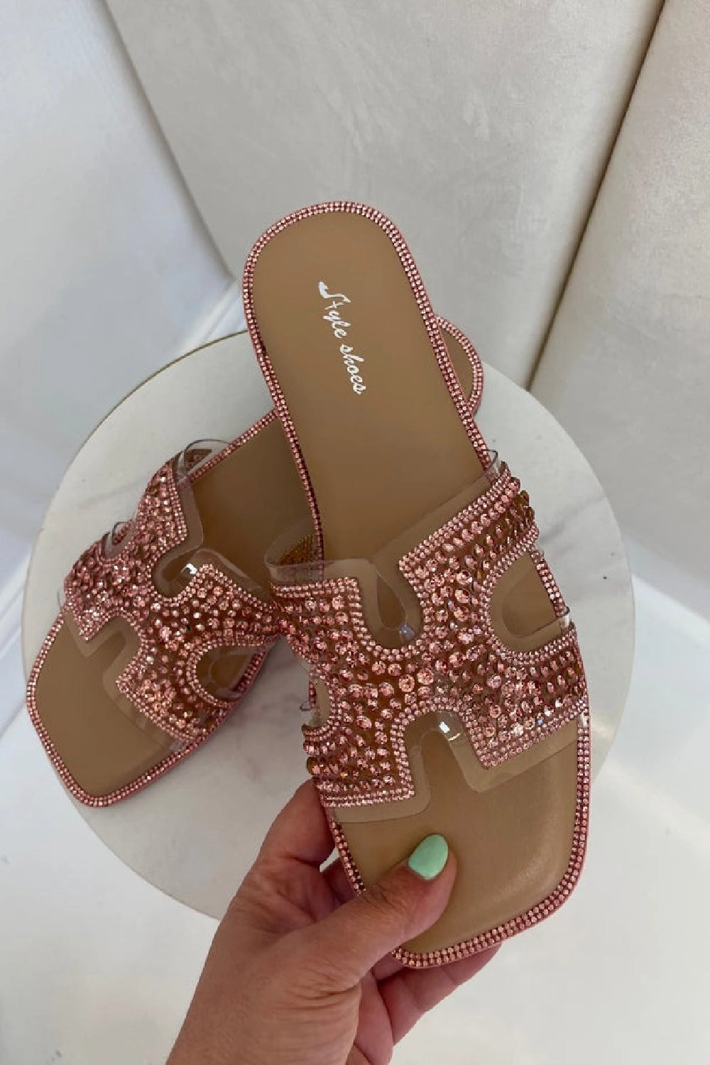 Clipless Flat Shoes PINK CLEAR DIAMANTE STRAP DESIGNER FLAT SLIDER