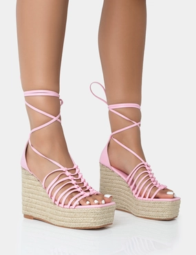 Reece Baby Pink PU Knot Strap Lace Up Raffia Wedge Heels Discount High Heels