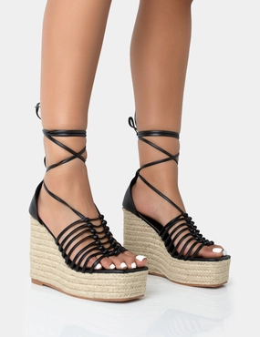 Reece Black PU Knot Strap Lace Up Raffia Wedge Heels Heels High