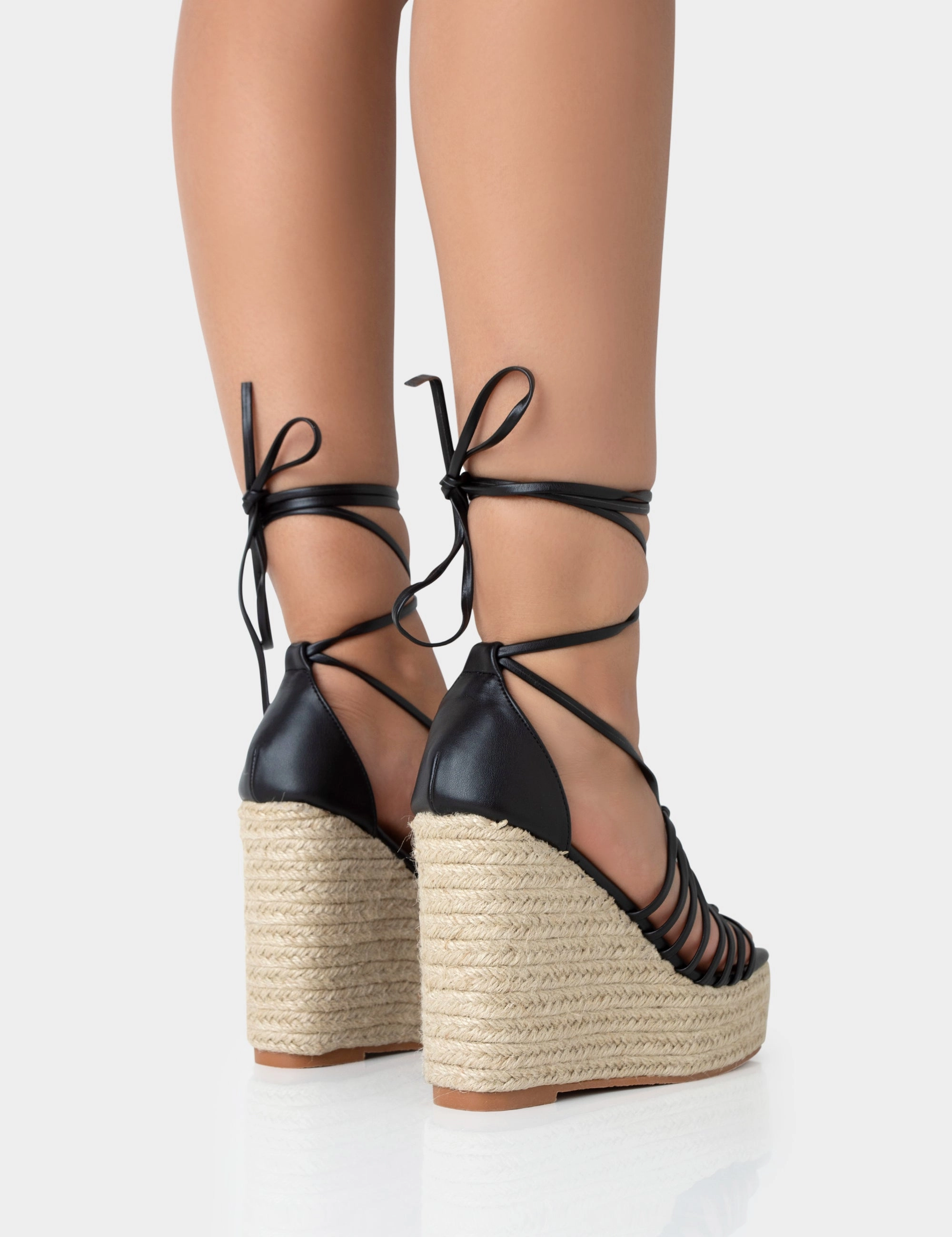 Reece Black PU Knot Strap Lace Up Raffia Wedge Heels Sexy High Heel Platform Shoes