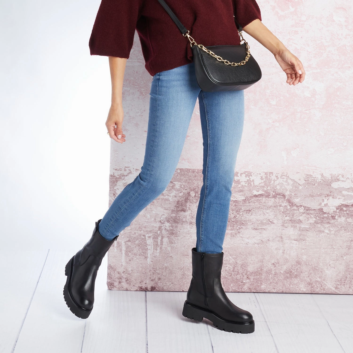 Reign: Black Leather Kick Hi Ankle Boots