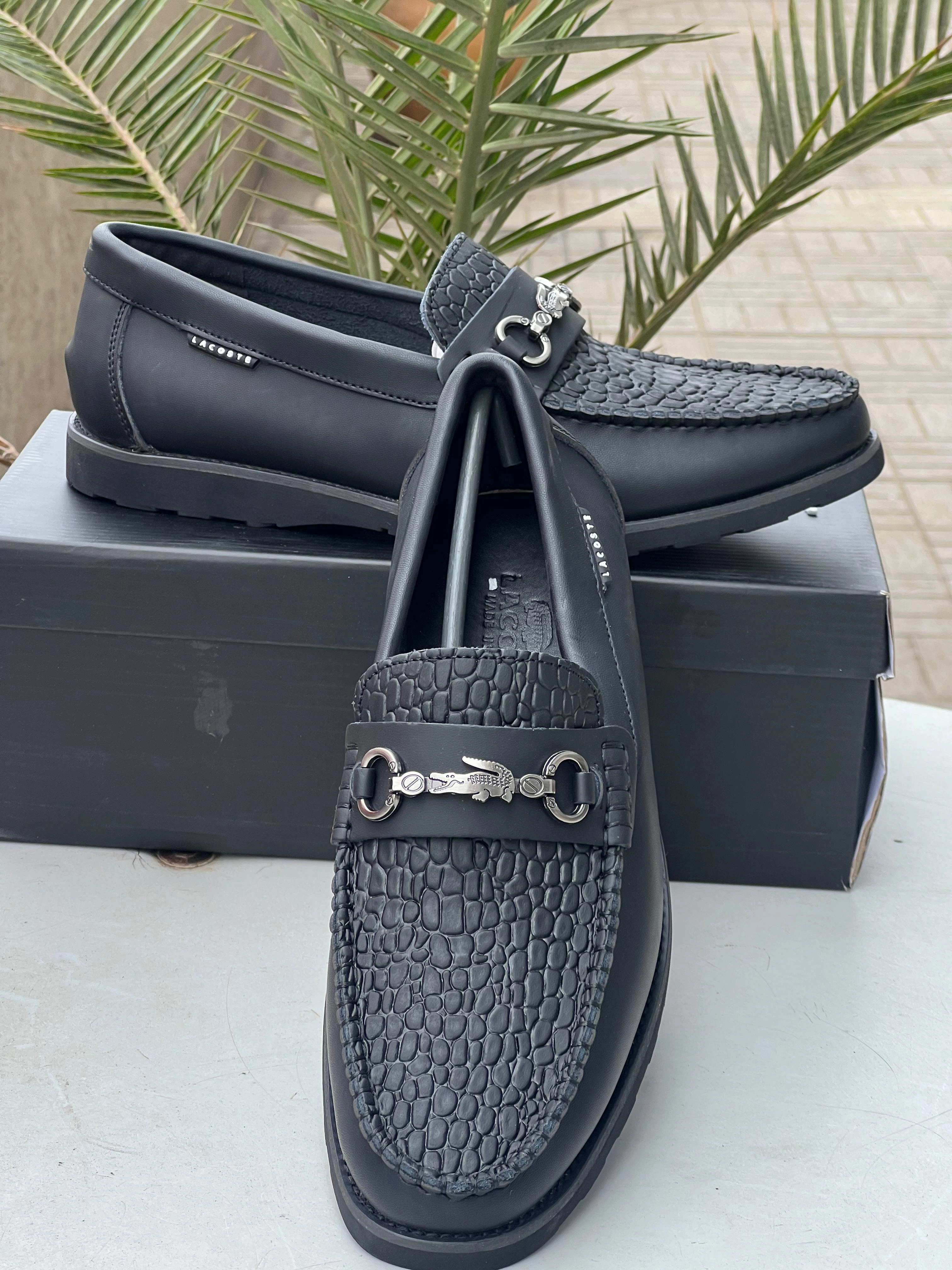 Lincoln Loafers Lacoste Mens Loafers  Black Textured Leather with Signature Detailing
