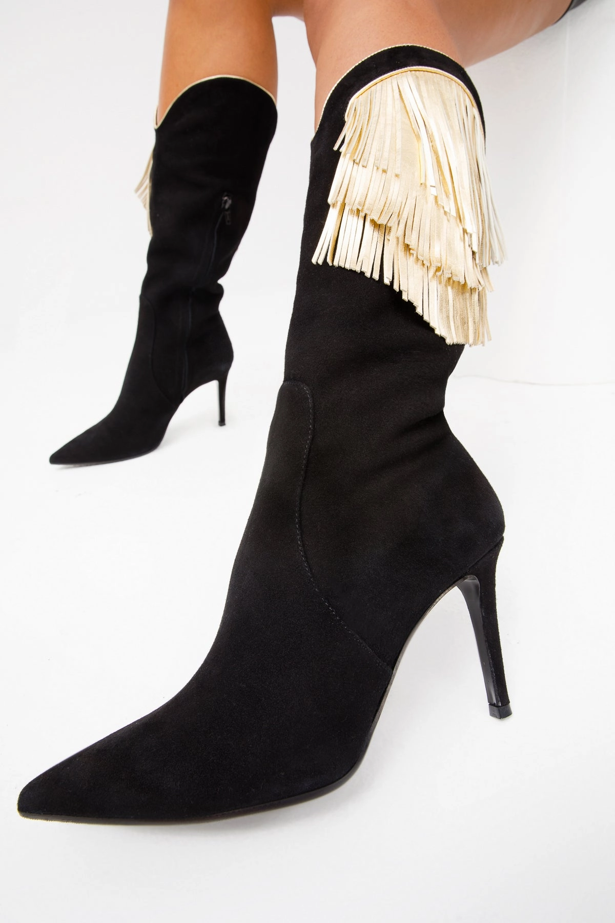 Chelsea Boots With Chain The Vienna Black Suede Leather Knee High Women  Boot