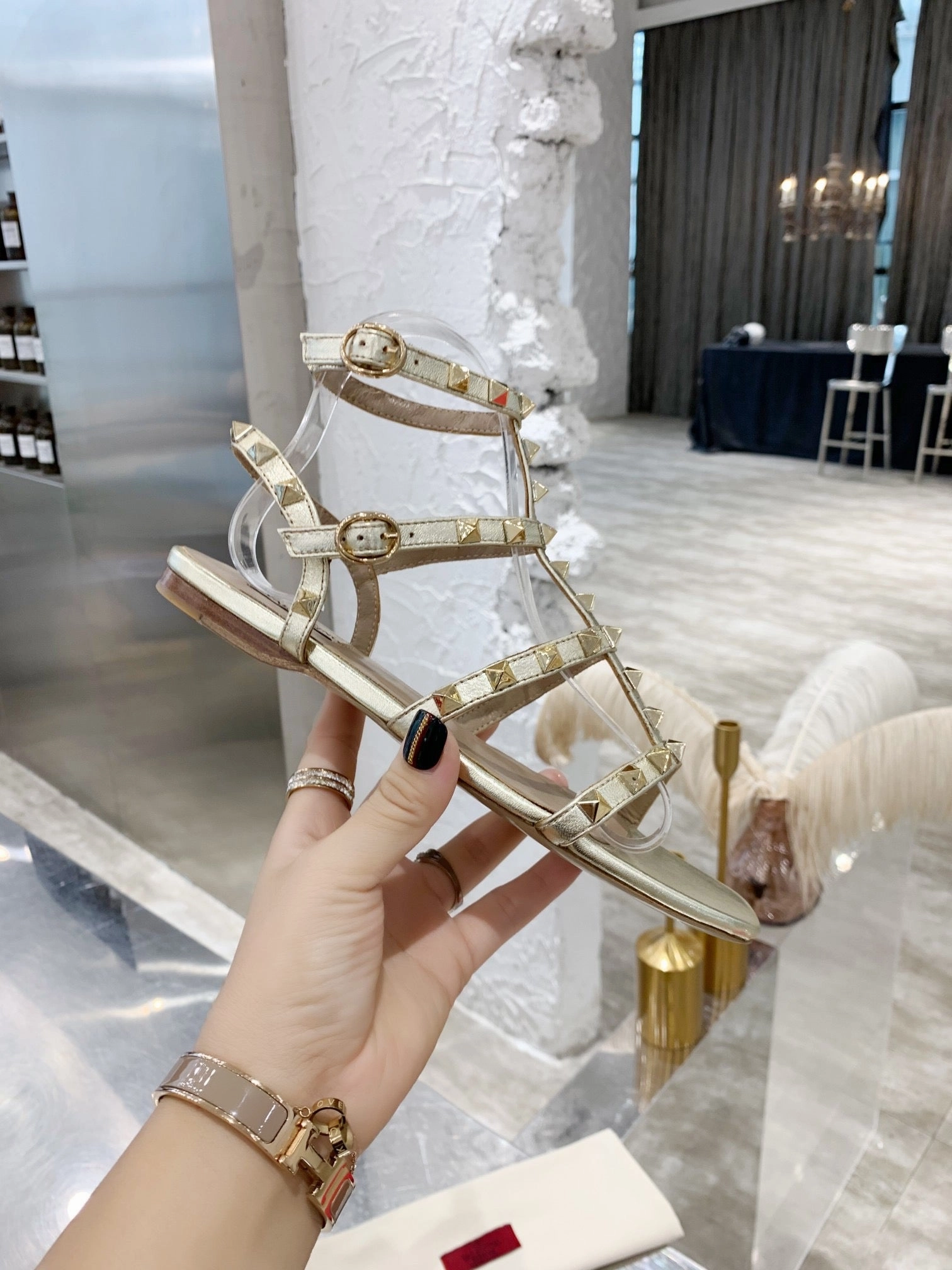 Inspired Shoes SE1131 V Rockstud Flat Calfskin Sandal with Straps / Size4-10