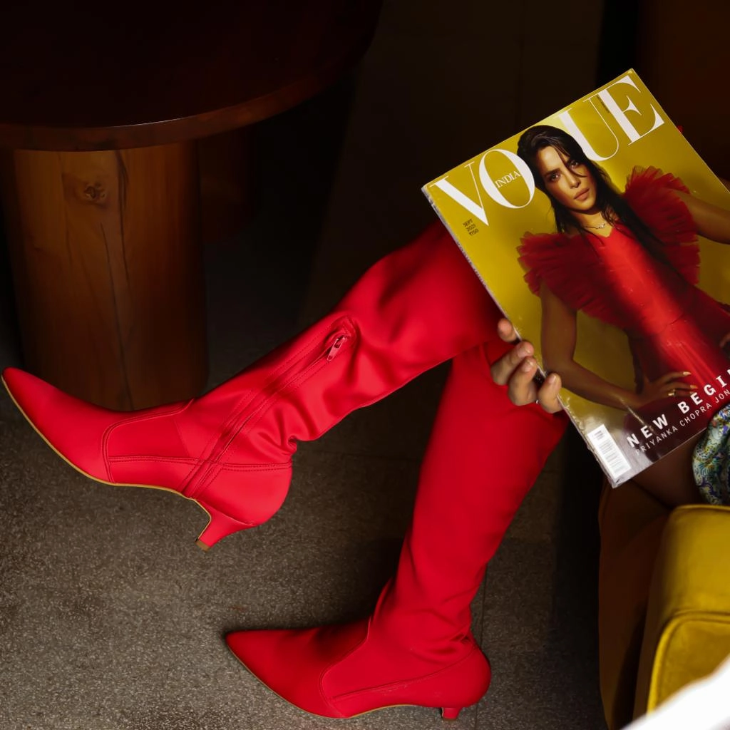 Sexy (Red Boots) High Knee Boots Blocks kitten Heels Womens Chelsea Boots Style