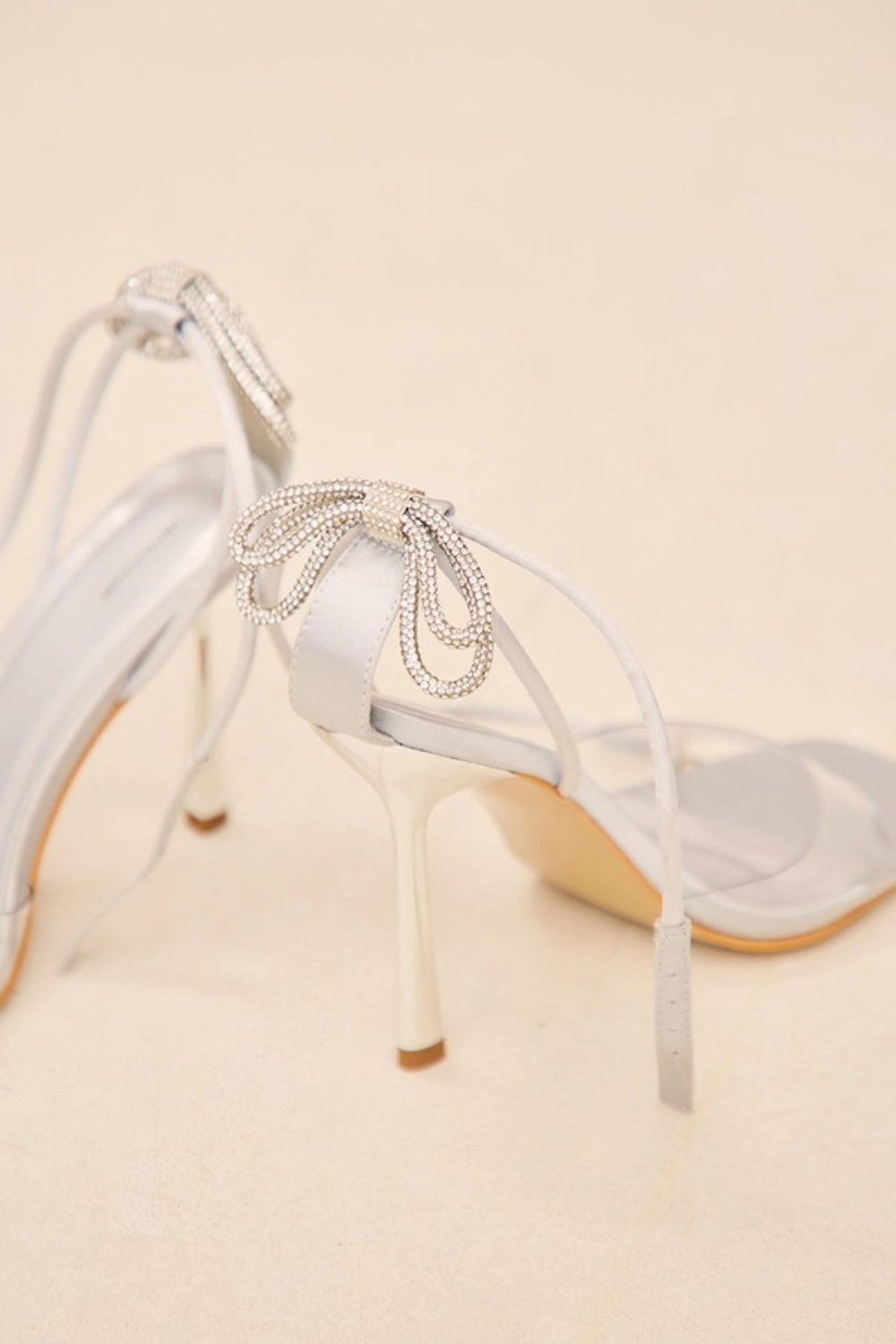 Round Toe High Heels Silver Satin High Heel Sandals With Diamante Bow & Ankle Strap