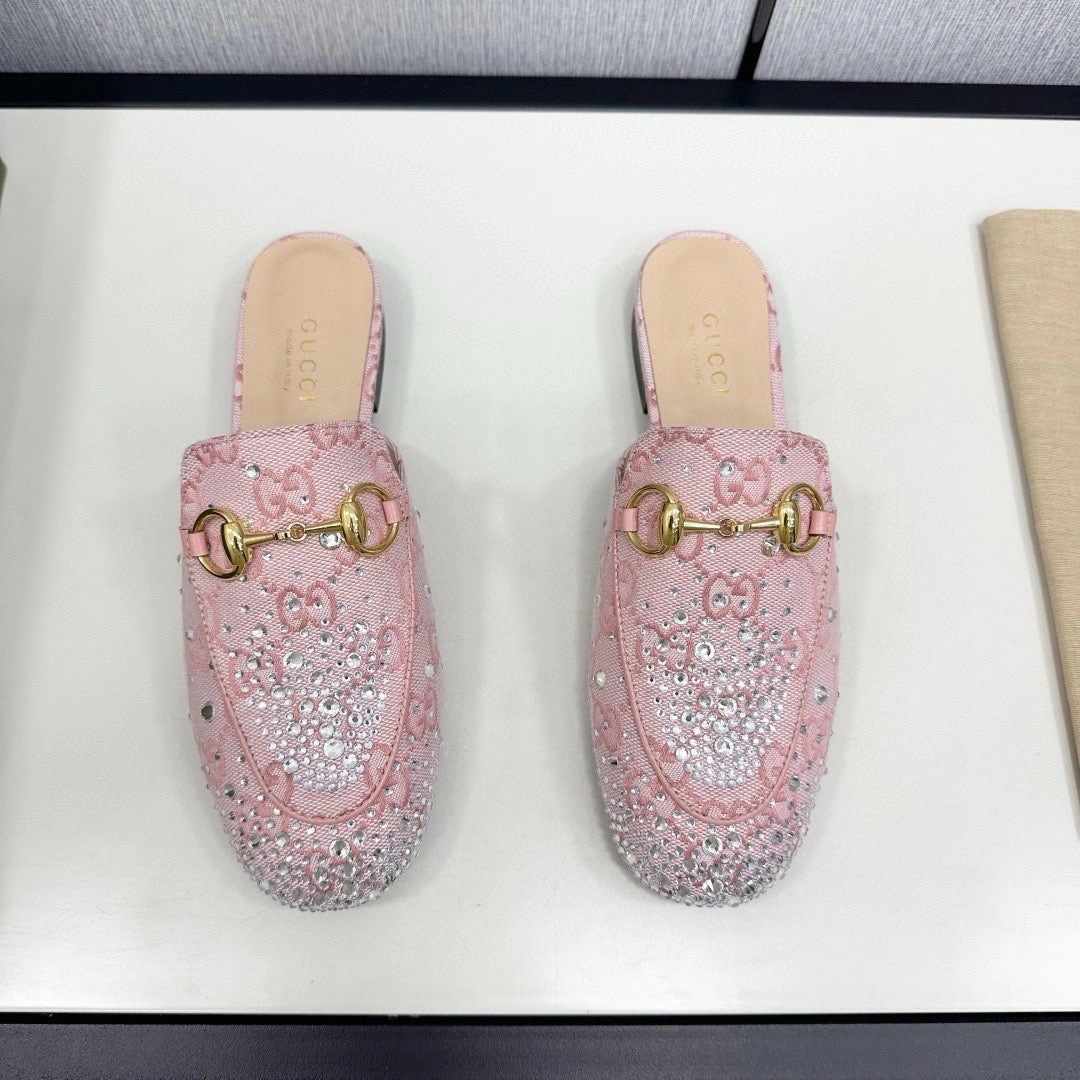 SE1682 Gucci Women's Princetown slipper with Crystal Horsebit / Size5-11 Metallic Flat Shoes