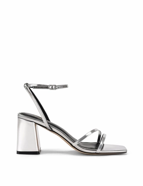 Hollywood High Heels Starling Strappy Block Heels - Silver Mirror Metallic Leather
