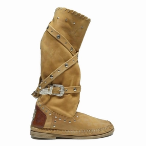 VENA GOMMA Womens Ankle Boots Beige Leather UK 7 Studded Strap Western Fashion Chelsea Boots With Skirt