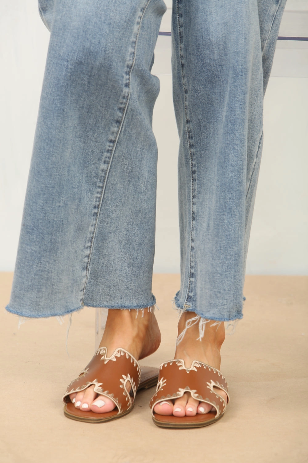 Training Shoes Flat Feet TAN FAUX LEATHER STITCH DETAIL DESIGNER STRAP SANDALS (PACK B)