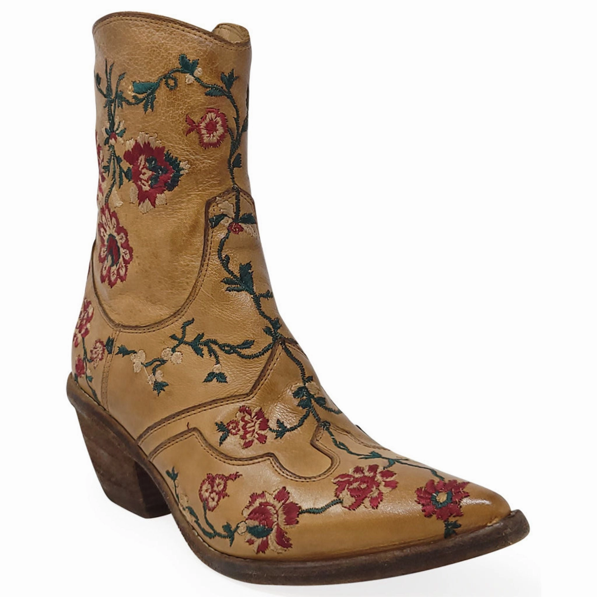 Tan Leather Embroidered Ankle Boot Rainbow Ankle Boots